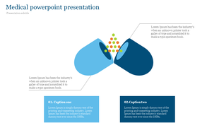 Medical slide featuring an open blue capsule releasing colorful particles, with text annotations and caption boxes below.