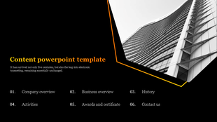 Content slide with a curved skyscraper image in a gold-framed section, title in gold, and six numbered topics below.