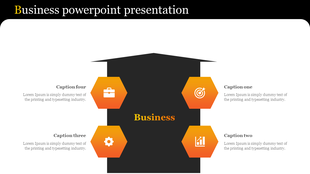 Business PPT slide featuring four hexagonal icons with captions and a central business title in an orange and black design.