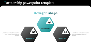 Business partnership slide featuring three hexagons with icons  handshake, meeting, and group, connected in a layout.