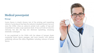 Medical slide with a doctor in a white coat holding a stethoscope on the right and a text section on the left.