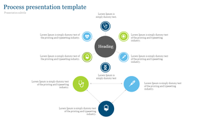 Process PowerPoint slide with circular flow and medical themed colorful icons for each step with placeholder text.