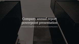 Company annual report slide with a dark toned cityscape background featuring tall skyscrapers and a centered white title.