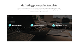 Marketing template with three product sections, light blue cube graphics, and a dark office desktop background.