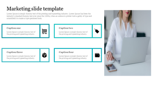 Clean marketing slide layout with four caption boxes with e-commerce icons and photograph of woman working on laptop.