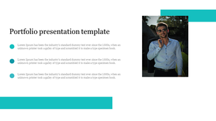 Portfolio slide with three bulleted points and a man in a formal outfit with sunglasses on the right.
