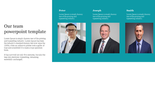 Business team PowerPoint template featuring three professional men with a brief description next to each photo.
