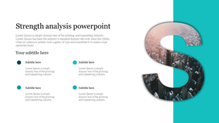 Strength analysis template with letterform revealing cityscape imagery against turquoise backdrop and four subtitle areas.