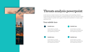 PPT slide with a photo of a city and a large T letter, featuring a title for threats analysis with placeholder text.