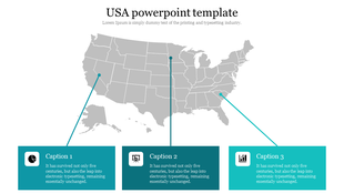 Infographic slide displaying a gray U.S. map with three connected captions, each containing an icon and text.