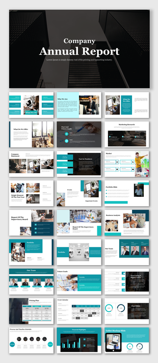 Financial report template with slides covering company statements,  analysis, supervisory board reports, and team profiles.