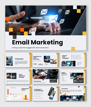 Email marketing PowerPoint covering strategy, campaigns, tools, metrics, and conversion insights.