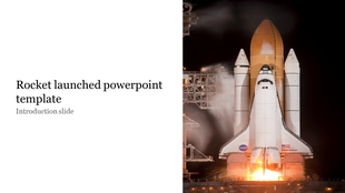 Rocket launch slide displaying a space shuttle with flame boosters lifting off the ground in a dark setting.