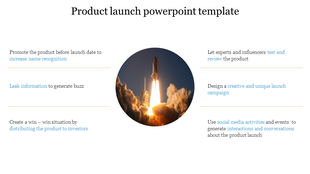 Product launch template with a central rocket launch image, surrounded by six promotional strategies connected by thin lines.