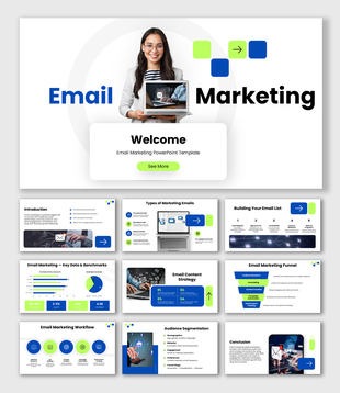Email Marketing slide with blue green shapes, laptop image, icons, charts, and structured text blocks.