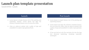Launch plan slide split into two columns with blue headers and bulleted text explaining different stages.