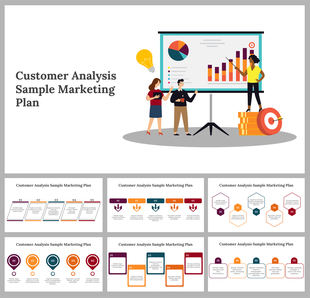 Figures presenting pie and bar charts on a screen, with six slide deck showing various marketing customer analysis layouts.
