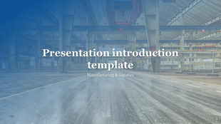 Industrial warehouse with a blue overlay highlighting a title for a manufacturing and logistics presentation.