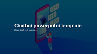 A person touches a large phone displaying a chatbot conversation, set against a blue background.