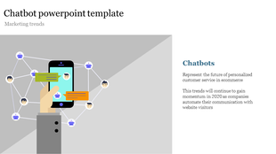 Illustration of a hand holding a smartphone with chatbot and user icons connected by lines, with text about on the right.