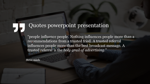 Minimalist quote slide featuring large quotation marks, centered white text, and a background of a person typing on a laptop.