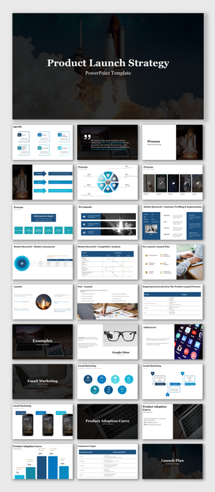 Product launch strategy template featuring a cover slide with a space shuttle launch image and multiple slides.