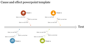 Cause and effect PowerPoint template with four causes, colorful icons, and text placeholders.