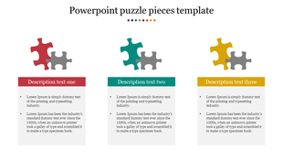 Three pairs of interlocking puzzle pieces in red, green, and yellow, each above a text box with placeholder text areas.