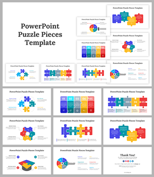 Collection of PowerPoint slides showcasing puzzle pieces with colorful pieces and sectioned text placeholders.