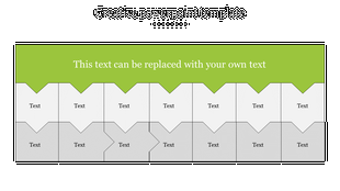 Creative slide design with a green top section and alternating white and gray text boxes below, on a dark background.