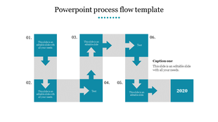 Process flow template with six numbered blue boxes, each connected by arrows, featuring text areas.