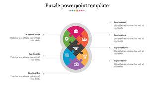 Puzzle infographic in an infinity shape, with six colored sections displaying white icons like teamwork, money, and strategy.