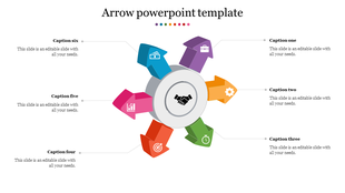 Central circular design with six colorful arrows pointing outward, each labeled with different icons and captions.