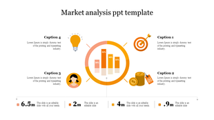 Market analysis slide featuring a colorful central bar chart surrounded by four icons and text area.