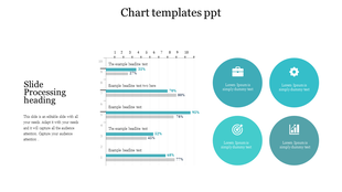 Chart PowerPoint slide with a horizontal bar chart showing percentages and circular icons representing business categories.