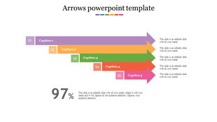 Arrows PowerPoint template with five colorful arrows and caption sections for each.