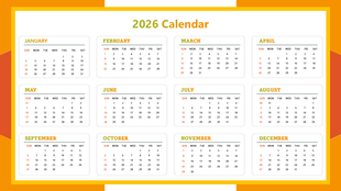 Calendar In PowerPoint Template showing 2026 yearly grid, white month cards, green headers.