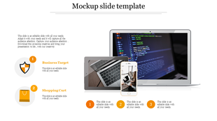 Mockup slide with laptop, tablet, and smartphone images, highlighting business icons and numbered steps.