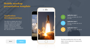Mobile mockup template featuring two smartphones, one black and one white, displaying a space shuttle launch. 