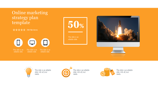 Orange themed slide with a desktop displaying rocket launching image, percentage progress, and three icons below.