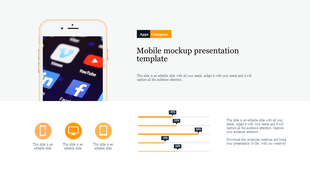 Mobile mockup PPT template showcasing social media apps on a phone screen with content options.