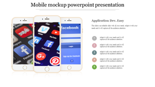 Mobile mockup slide with three phones displaying app interfaces with social media icons, alongside five numbered captions.
