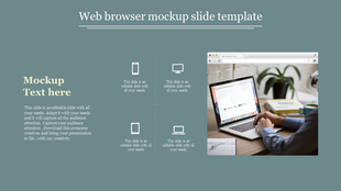 Web browser mockup PPT slide with a laptop showing a presentation, accompanied by mobile and tablet icons.