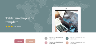 Tablet mockup slide with a world map on a green background, showing a tablet with a business analytics screen.