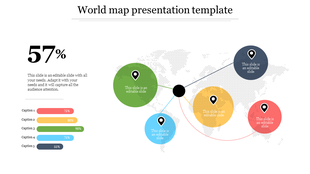 A dotted world map with five connected location markers inside circles, alongside percentage bars and text placeholders.