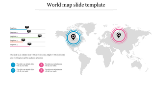 World map slide template featuring two location markers, one blue and one pink, with percentage bars and caption areas.