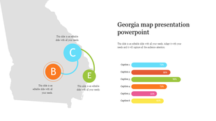 A Georgia map PowerPoint slide featuring sections marked with letters, alongside bar graphs with captions and percentages.