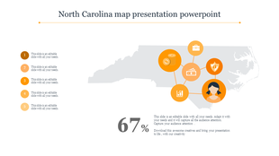 North Carolina business map with interconnected icons for finance, analytics, briefcase, and a user profile on the right.