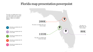 Florida map infographic with three location markers connected to data points showing population or statistics.