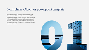 About Us slide with a large number 1 and a background image of a modern building, with text about the impact of blockchain.